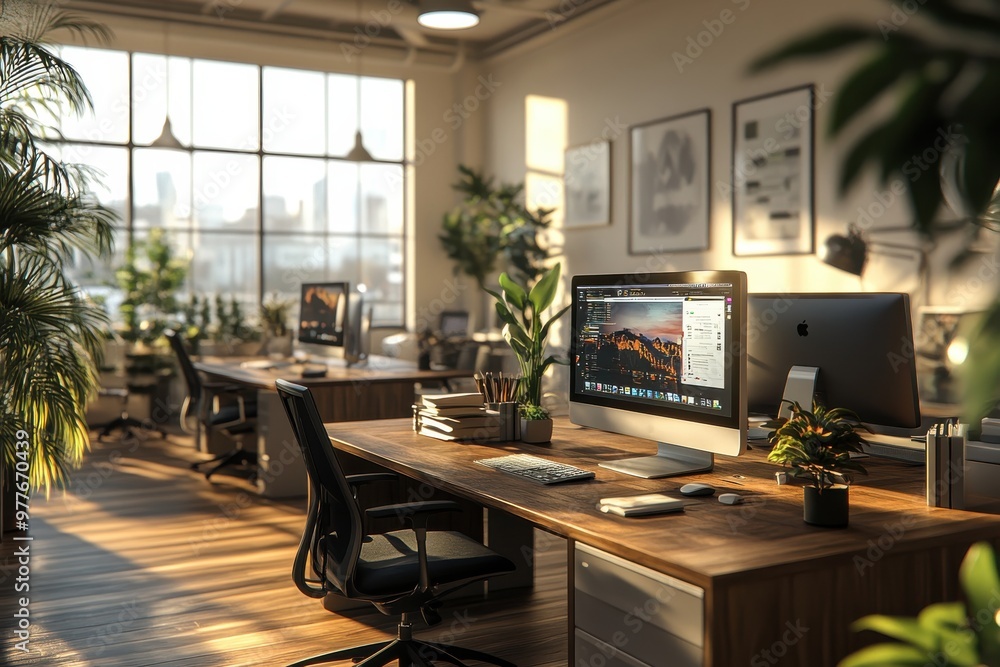 A large open office space with a lot of greenery and plants A large open office space with a lot of greenery and plants