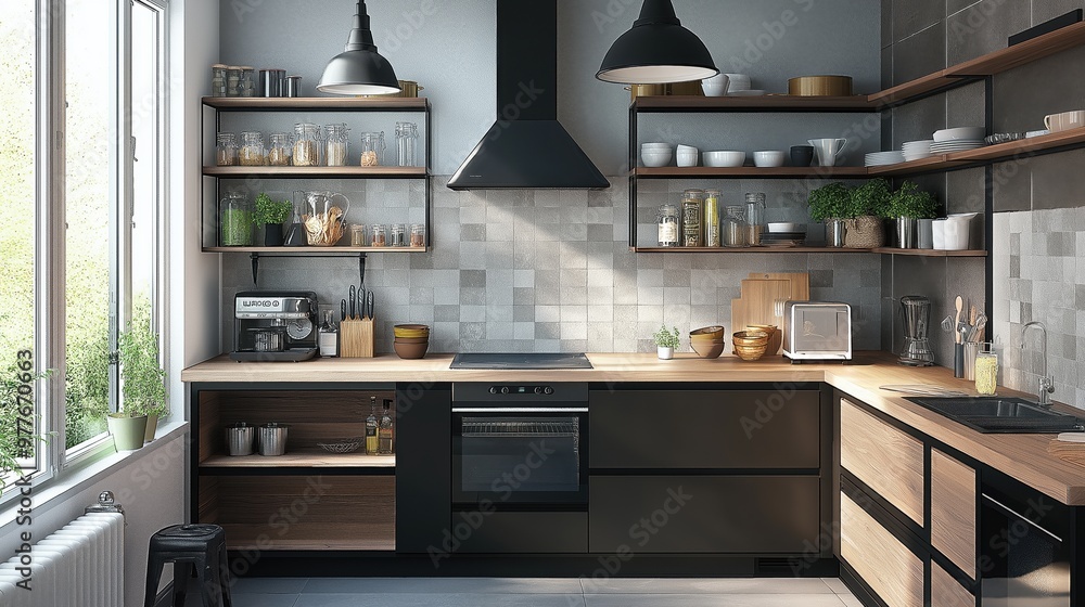 Modern kitchen with open shelves and clean lines Modern kitchen with open shelves and clean lines
