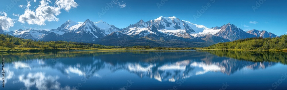 Panoramic View of Snow-Capped Alaskan Mountains and Reflecting Blue Lake Panoramic View of Snow-Capped Alaskan Mountains and Reflecting Blue Lake