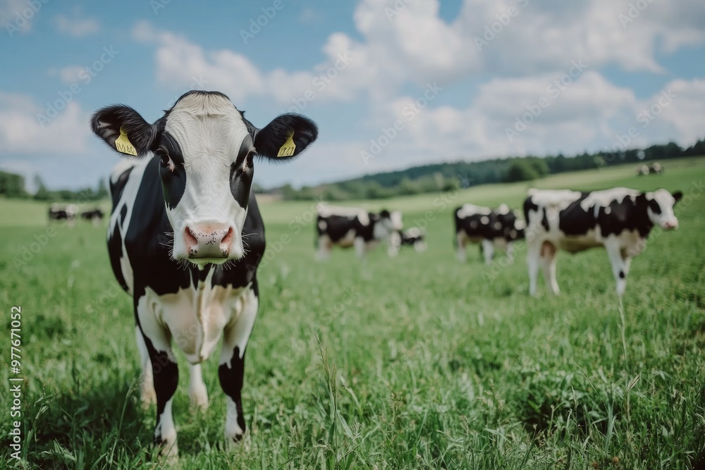 Cows in a field, a blue sky and a horizon, tall grass a green meadow, one cow maverick, the herd together
Cows in a field, a blue sky and a horizon, tall grass a green meadow, one cow maverick, the herd together