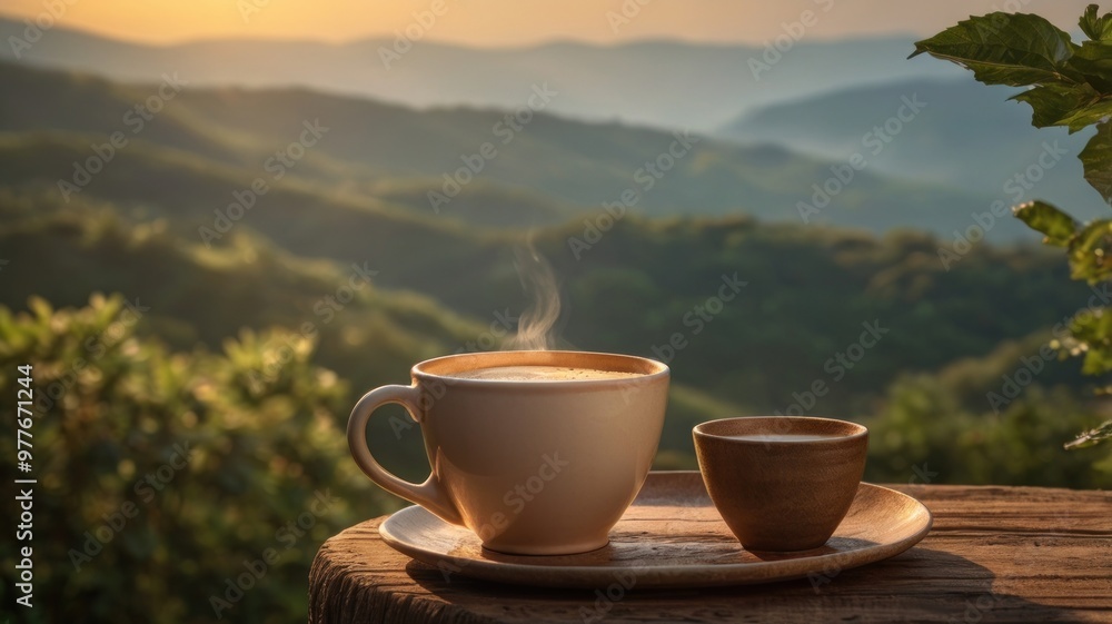 Coffee on wooden table with hills in background Coffee on wooden table with hills in background