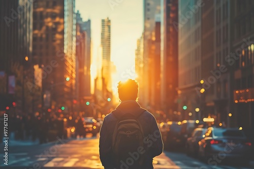 Silhouette of man walking towards sunrise in a city street with skyscrapers