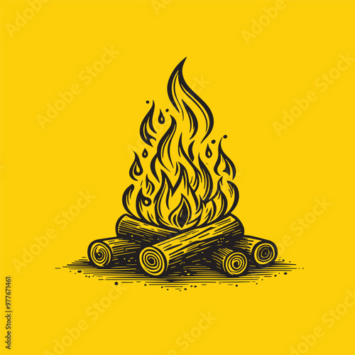 Camp fire or bonfire burning on firewood design