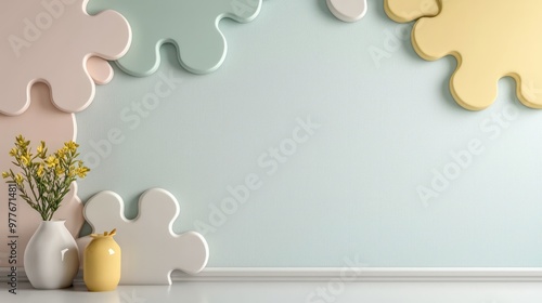 A wall with a colorful design and a vase of yellow flowers on it. The flowers are in a white vase and are placed on a table