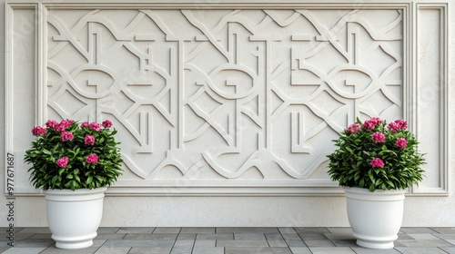 The wall has a white border and two potted plants with pink flowers. The plants are placed in white planters, and they are positioned on either side of the wall photo