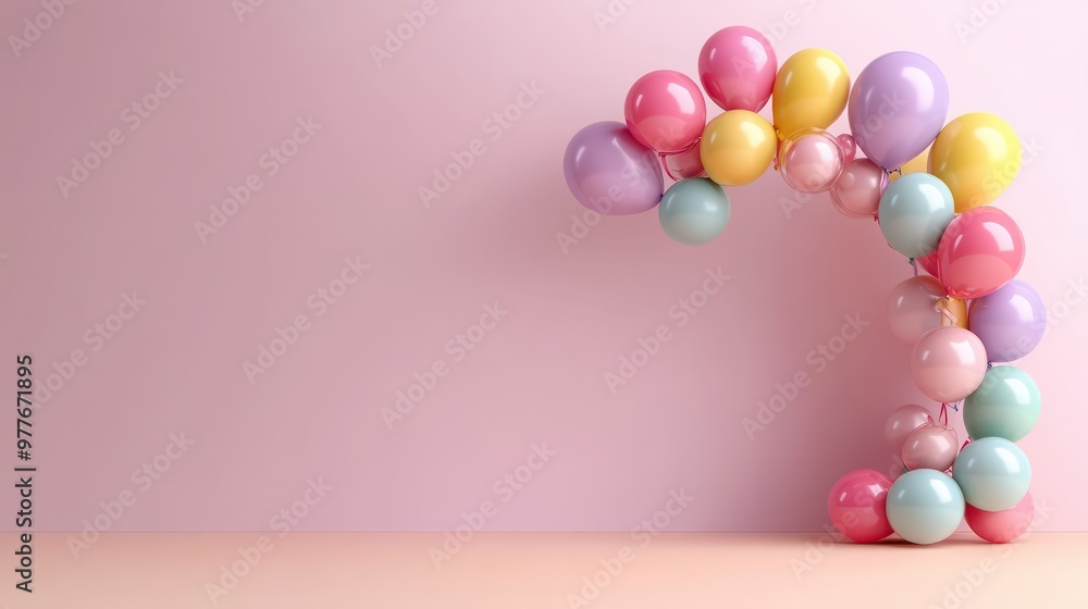 A pink and yellow balloon arch is hanging from the ceiling. The arch is made up of many different colored balloons, including pink, yellow, and purple. The arch is suspended from the ceiling A pink and yellow balloon arch is hanging from the ceiling. The arch is made up of many different colored balloons, including pink, yellow, and purple. The arch is suspended from the ceiling