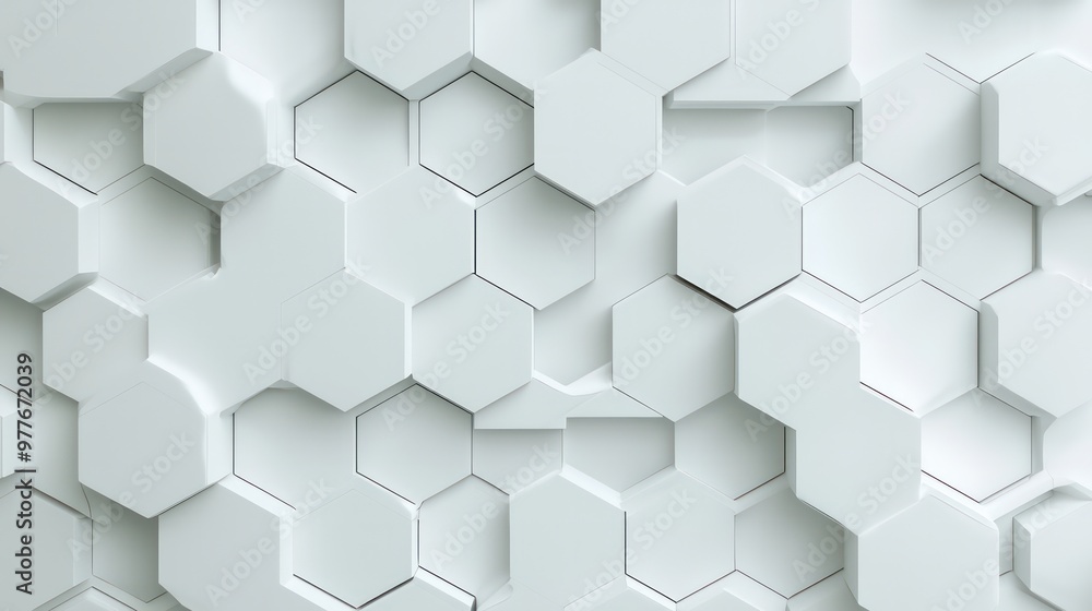 A white background with a pattern of hexagons. The hexagons are all different sizes and are arranged in a way that creates a sense of depth and texture. Scene is one of modernity and sophistication A white background with a pattern of hexagons. The hexagons are all different sizes and are arranged in a way that creates a sense of depth and texture. Scene is one of modernity and sophistication