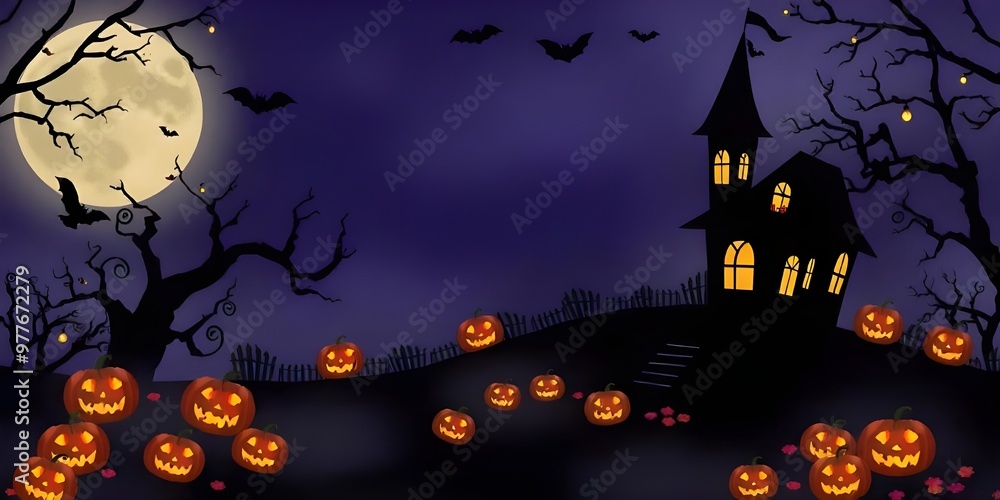 Spooky Halloween Night with Haunted House and Pumpkins Spooky Halloween Night with Haunted House and Pumpkins