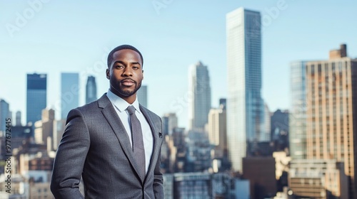 portrait of a confident, successful entrepreneur standing in front of a city skyline