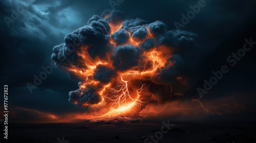A dramatic depiction of a volcanic eruption at night with dark, stormy clouds and vivid lightning strikes illuminating the eruptive column.