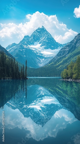 Panoramic View of Snow-Capped Alaskan Mountains and Reflecting Blue Lake