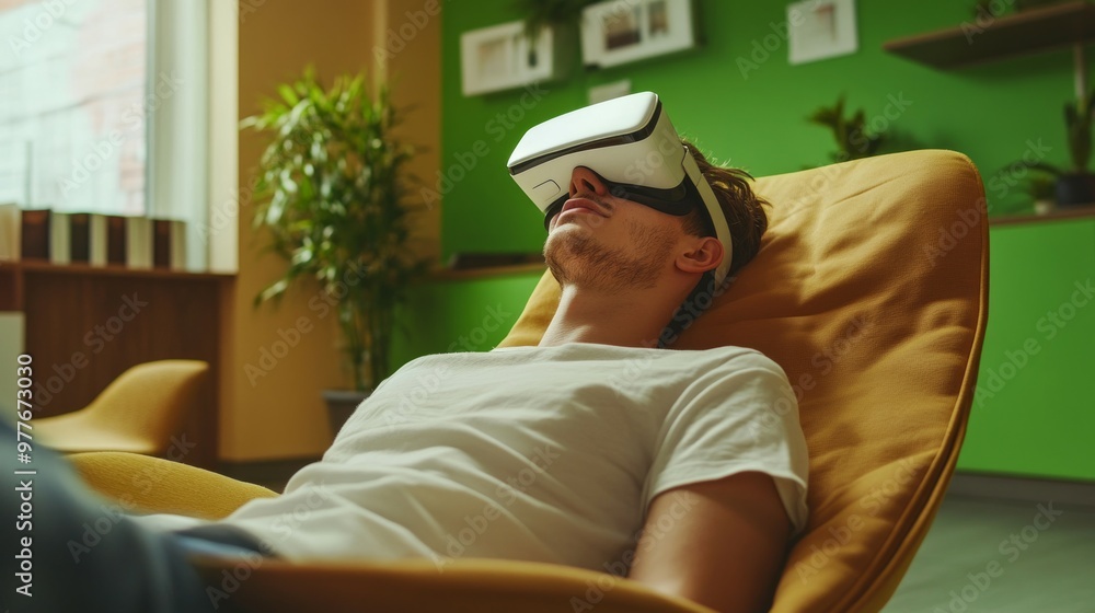 modern psychological clinic, green and sustainable, relaxed atmosphere, patient wearing vr goggles modern psychological clinic, green and sustainable, relaxed atmosphere, patient wearing vr goggles