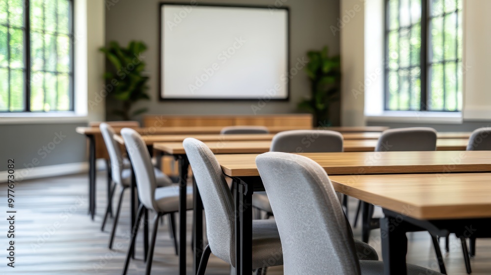 A classroom with a white board and a projector. The chairs are grey and the tables are wooden A classroom with a white board and a projector. The chairs are grey and the tables are wooden