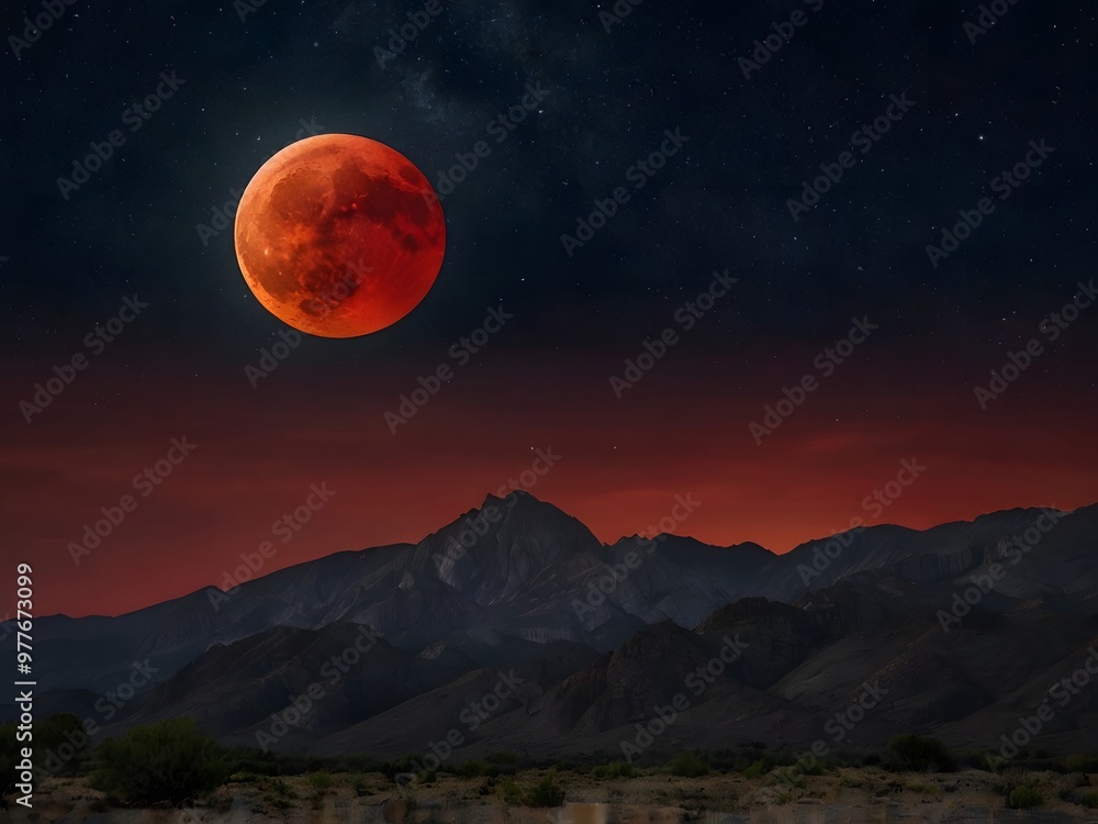 Blood Moon Over Mountain Range Night Sky Stars Blood Moon Over Mountain Range Night Sky Stars