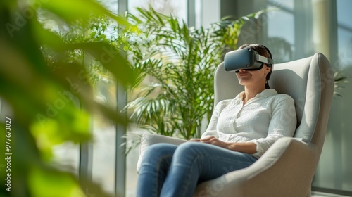 modern psychological clinic, green and sustainable, relaxed atmosphere, patient wearing vr goggles