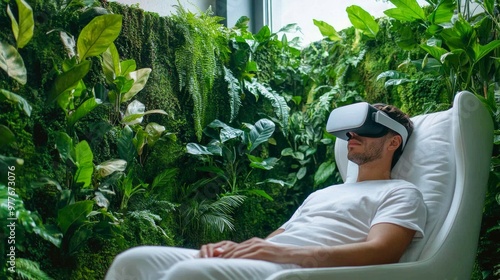 modern psychological clinic, green and sustainable, relaxed atmosphere, patient wearing vr goggles