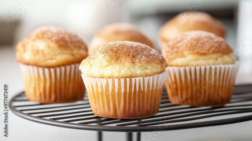 Freshly baked muffins on cooling rack, golden and fluffy, inviting you to enjoy!