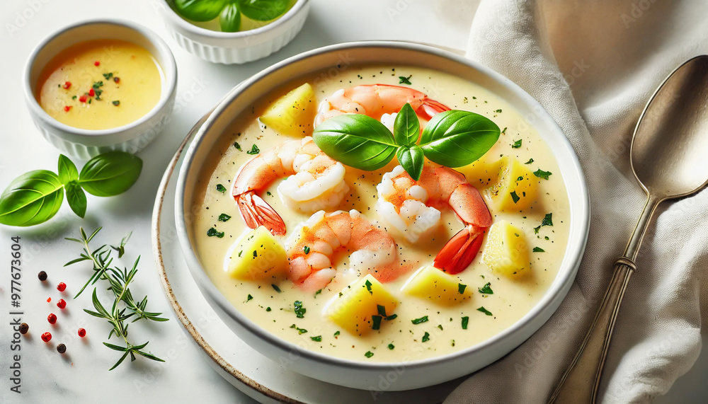 Creamy shrimp soup garnished with basil and served with diced potatoes. Creamy shrimp soup garnished with basil and served with diced potatoes.