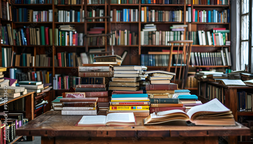 Books on wooden table against full shelves in library Books on wooden table against full shelves in library