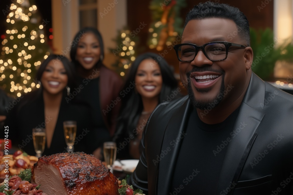 Black man in suit and glasses, middle-aged, with a group of girlfriends celebrating Christmas with a festive dinner Black man in suit and glasses, middle-aged, with a group of girlfriends celebrating Christmas with a festive dinner