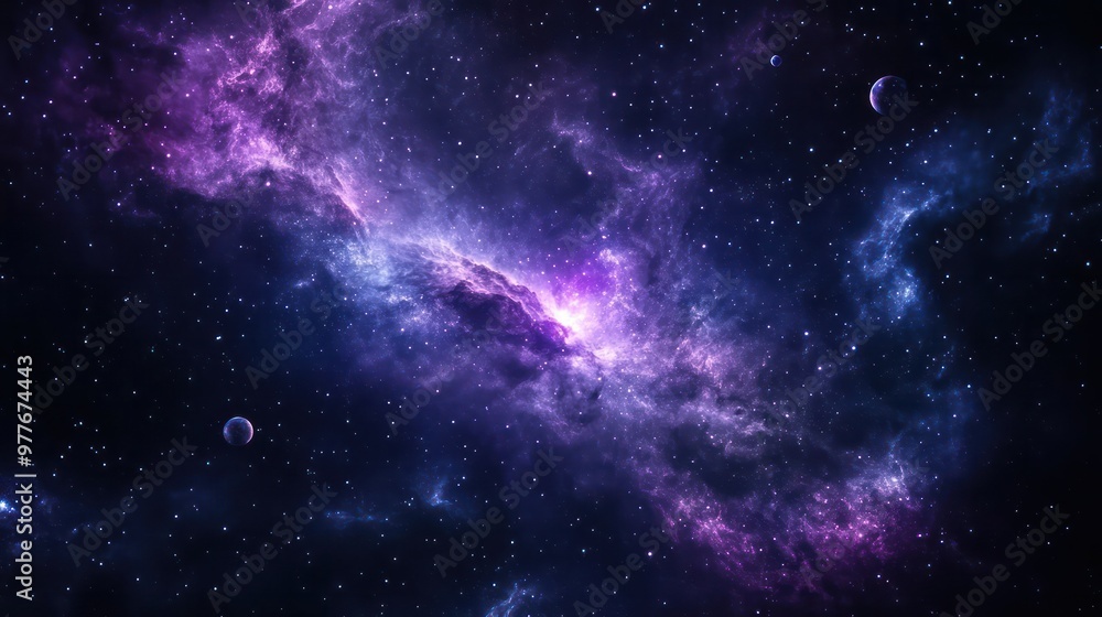 Fototapeta premium A beautiful, starry night sky with a purple galaxy in the background. The stars are scattered throughout the sky, creating a sense of depth and wonder. The image evokes a feeling of awe