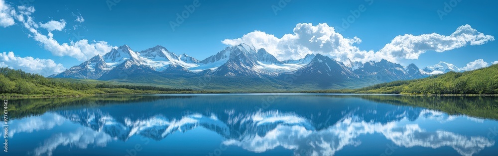 Panoramic View of Snow-Capped Alaskan Mountains and Reflecting Blue Lake Panoramic View of Snow-Capped Alaskan Mountains and Reflecting Blue Lake