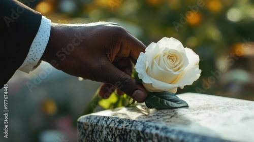 A person placing a white rose on a grave during a remembrance ceremony