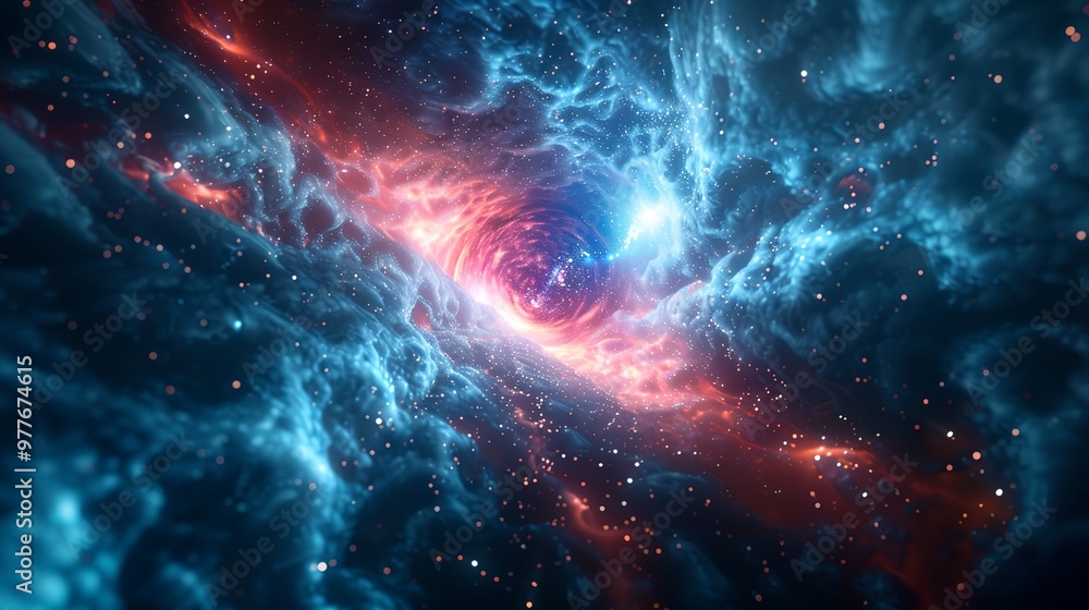a large blue and red object in the sky with stars around it a large blue and red object in the sky with stars around it
