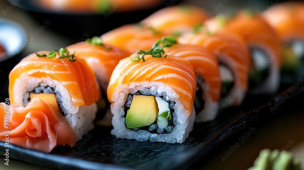 Delicious sushi rolls topped with fresh salmon and garnished with green onion, ideal for food photography and culinary art. Delicious sushi rolls topped with fresh salmon and garnished with green onion, ideal for food photography and culinary art.