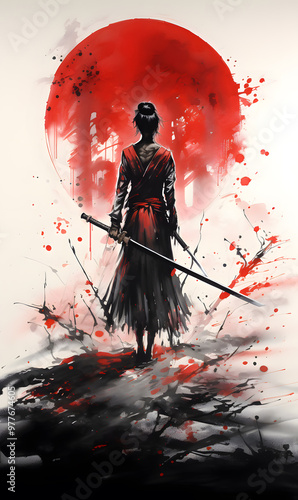 Samurai woman with katana and dagger standing over battlefield at sunset. A ink painting with splashes suggests a fight.