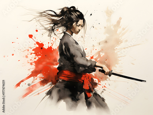Girl ninja - kunoichi with katana sword drawn. Ink painting style with red splashes.