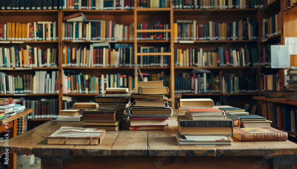 Books on wooden table against full shelves in library Books on wooden table against full shelves in library