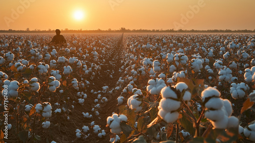 fields of cotton plantation in asia, with farmers harvesting cotton on background photo