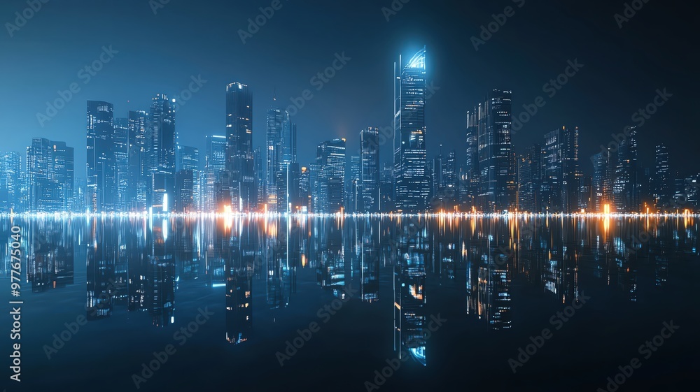Futuristic cityscape with glowing lights reflected in water. Futuristic cityscape with glowing lights reflected in water.