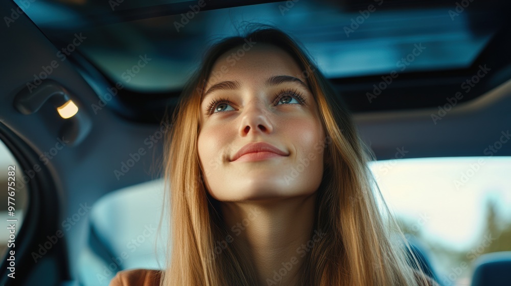 Young woman enjoying a peaceful moment in a car during sunset Young woman enjoying a peaceful moment in a car during sunset