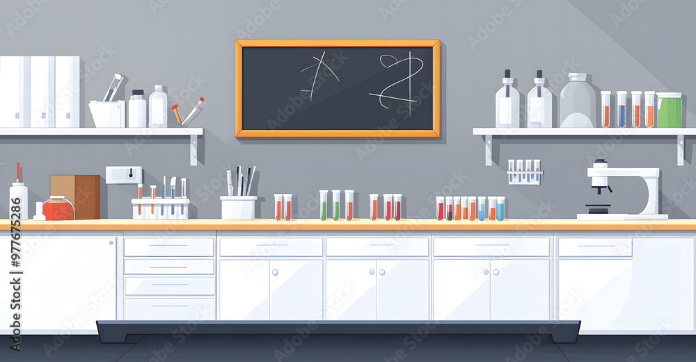 Modern Scientific Laboratory with Microscope and Glassware in Minimalist Design Modern Scientific Laboratory with Microscope and Glassware in Minimalist Design