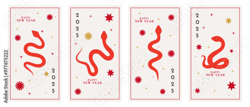 Vector set of Happy New Year 2025 vertical posters. Backgrounds with a snake and geometric shapes. Vector illustration.