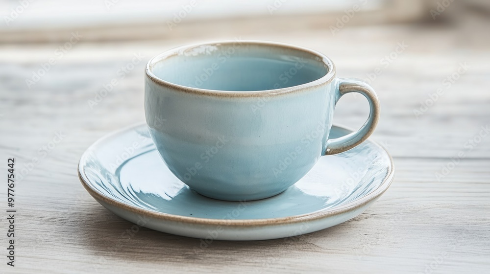 Elegant blue ceramic cup and saucer on a wooden table Elegant blue ceramic cup and saucer on a wooden table