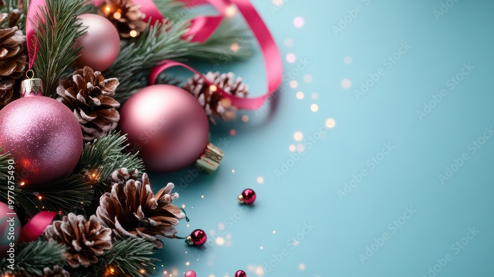 A blue background with a pink ribbon and a bunch of Christmas ornaments. The ornaments are pink and include a pine cone A blue background with a pink ribbon and a bunch of Christmas ornaments. The ornaments are pink and include a pine cone