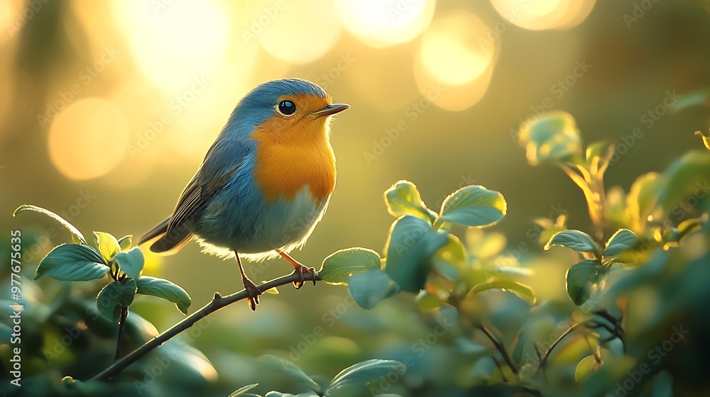 A bluebird perched on a branch with a soft golden light shining through the leaves. A bluebird perched on a branch with a soft golden light shining through the leaves.