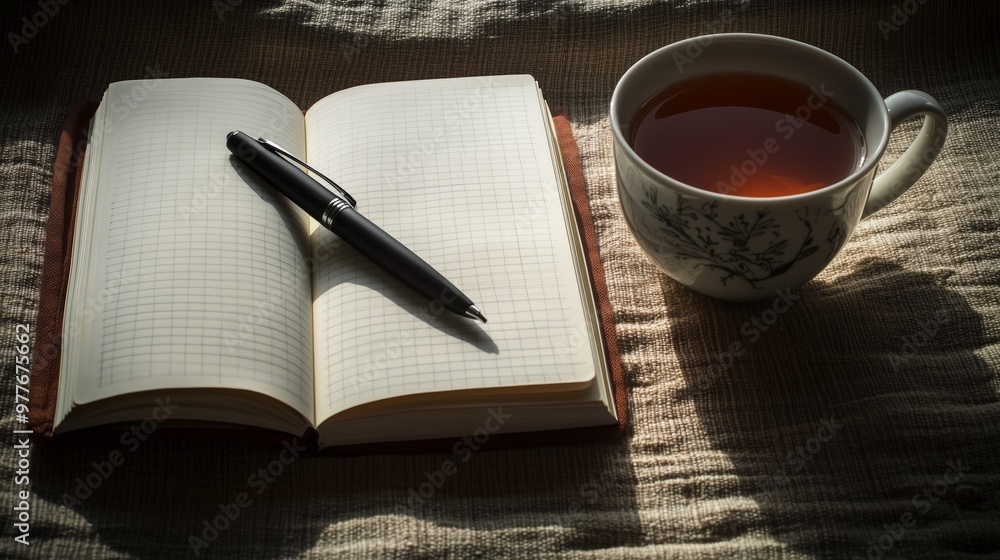 Notebook and cup of tea on a soft surface in warm morning light Notebook and cup of tea on a soft surface in warm morning light