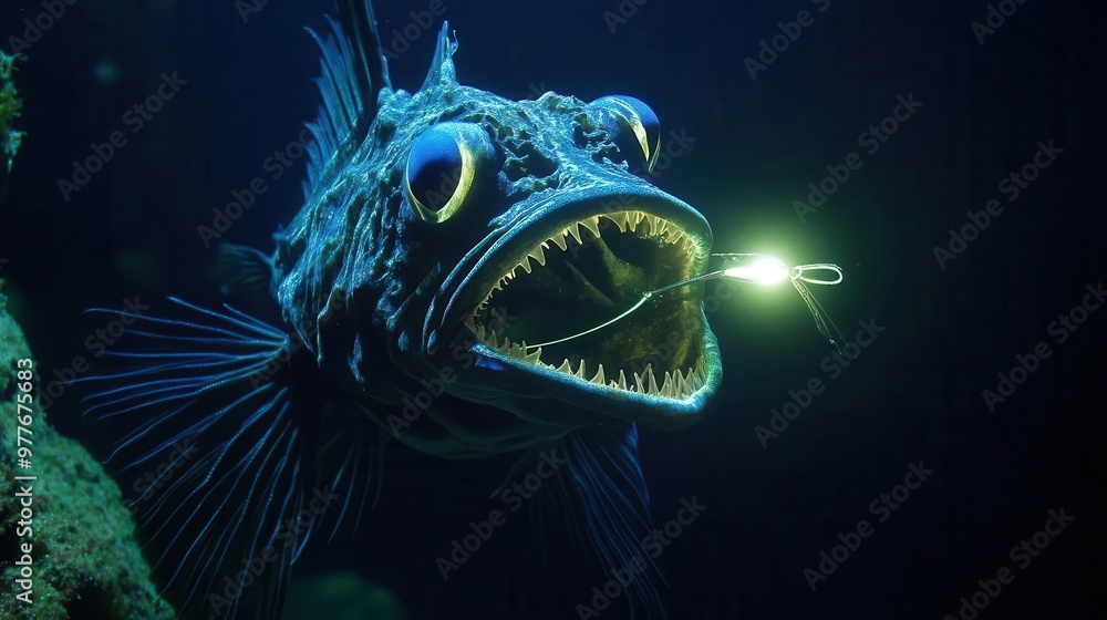 Deep sea anglerfish with its glowing lure, surrounded by darkness, mysterious and eerie Deep sea anglerfish with its glowing lure, surrounded by darkness, mysterious and eerie
