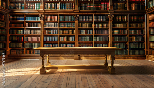 Books on wooden table against full shelves in library