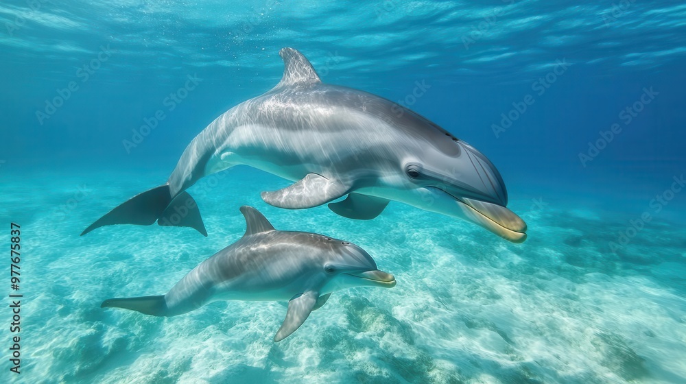 Dolphin mother and calf swimming together, playful and protective, clear blue ocean background Dolphin mother and calf swimming together, playful and protective, clear blue ocean background