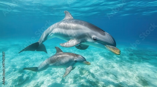 Wallpaper Mural Dolphin mother and calf swimming together, playful and protective, clear blue ocean background Torontodigital.ca