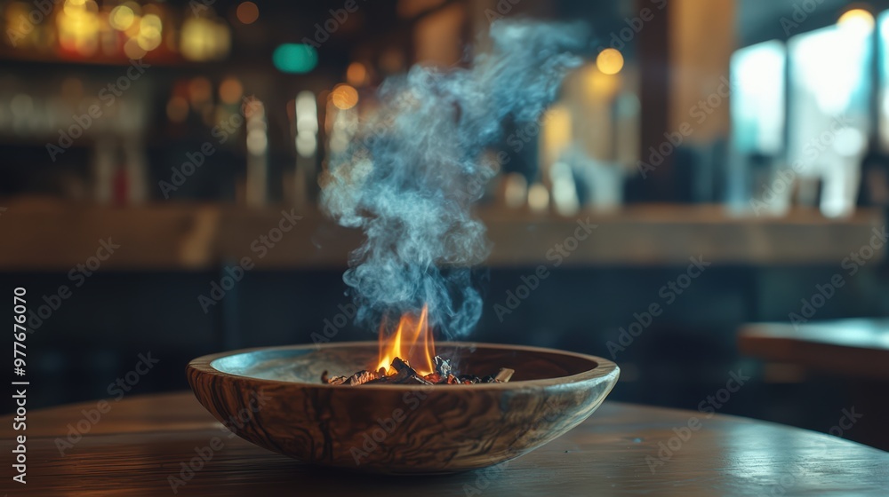 A rustic wooden table with a fire pit in the center, emitting smoke and flames A rustic wooden table with a fire pit in the center, emitting smoke and flames