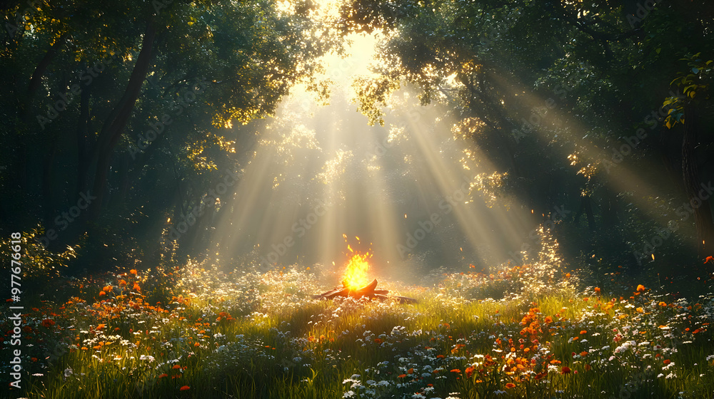 Forest Sunbeams with Wildflowers and Bonfire Illustration Forest Sunbeams with Wildflowers and Bonfire Illustration