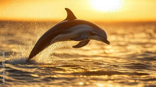 Obraz Graceful dolphin leaping out of the ocean, splashing water droplets, golden sunset in the background