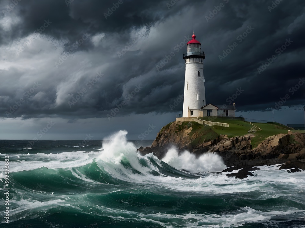 Lighthouse on Rocky Coast with Stormy Sea and Dramatic Clouds Lighthouse on Rocky Coast with Stormy Sea and Dramatic Clouds