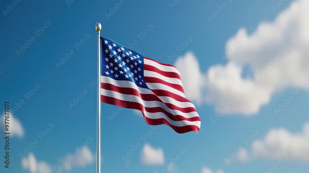 A large American flag is flying in the sky. The flag is red, white, and blue and has stars on it. The sky is clear and blue, with a few clouds scattered throughout A large American flag is flying in the sky. The flag is red, white, and blue and has stars on it. The sky is clear and blue, with a few clouds scattered throughout